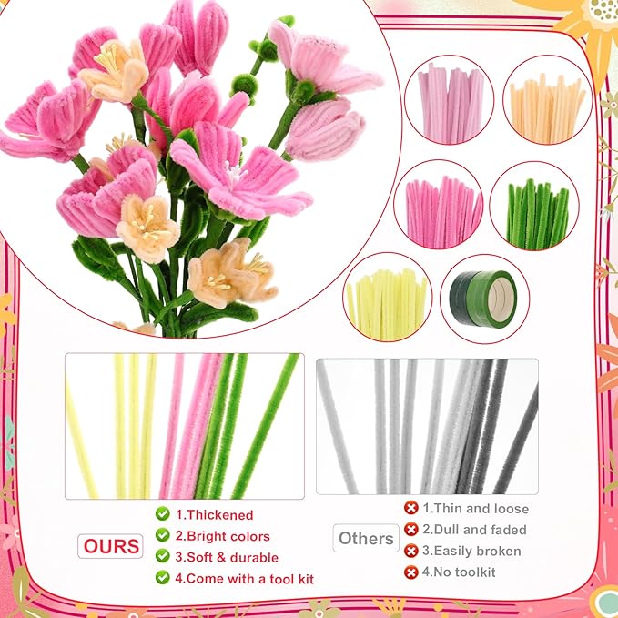 Ovveroche 1000 PCS Pipe Cleaners Craft, Pipe Cleaner Bulk Flower Kit with Handle, 7 Colors Chenille Stems Flower Making Kit with Floral Wires, Gardening Tape, Stamen, Ribbon for Art Craft Supplies
