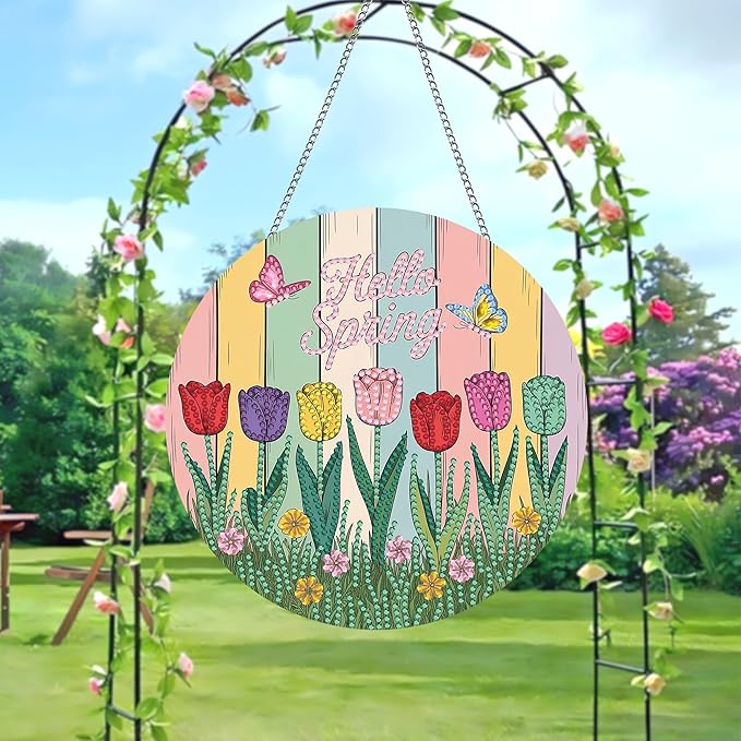LOMSIOY Diamond Art Hanging Kit for Adult, Spring Front Door Sign Window Hanging for Outdoor, Tulips Double Sided Easter Decor Suncatcers for Porch, Diamond Painting Pendants for Garden 8 x 8 Inch