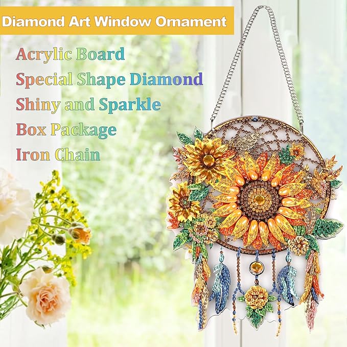 Sunflower Diamond Painting Hanging Ornament, Dream Catcher 5D Special Shape Diamond Art, Crafts for Adults DIY Gem Art, Acrylic Home Garden Window Wall Decor with Chain, Box Kit, 6.2×7.8in