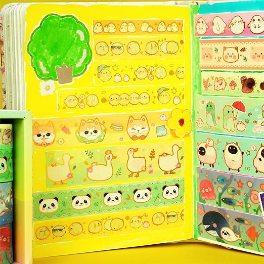 YUBX Cute Pets Washi Tape Set 13 Rolls Wide Gold Embellishment Decorative Masking Tapes for Arts, DIY Crafts, Journals, Planners, Scrapbook, Wrapping (Animal Kindergarten)