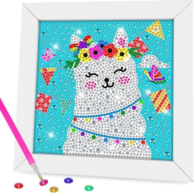 QEUOYSS Diamond Art Kit for Kids with Wooden Frame Art and Crafts for Kids Ages 6-8 -10-12 Easy to DIY Diamond Art for Kid and Adult Beginners Home Wall Decoration (Old Alpaca)