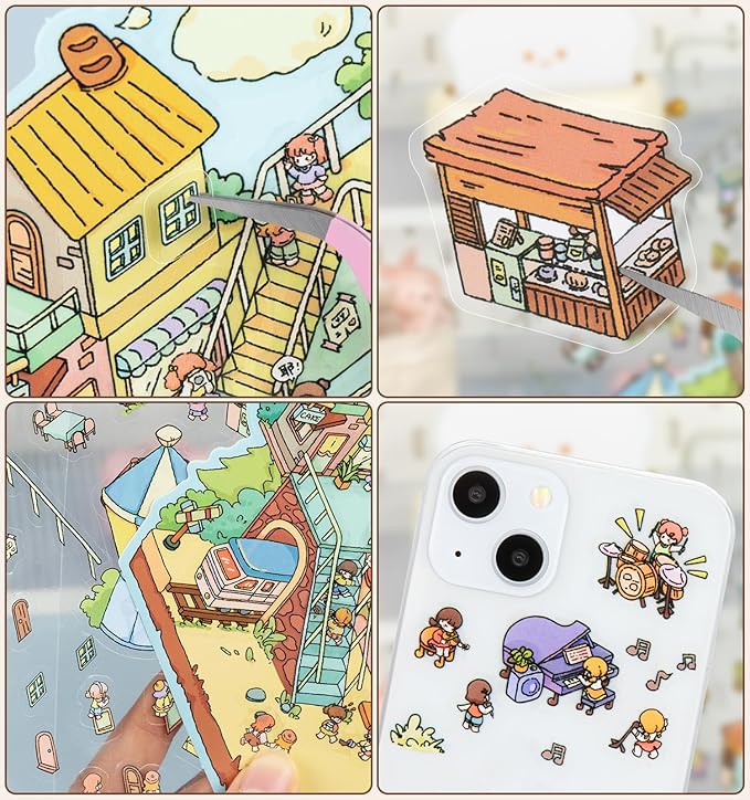 12 Sets DIY 3D Sticker Scene for Kids, Fun DIY Sticker Scene Make Your Own Mini House Cute Cartoon Animal Scene Stickers Adult Sticker Art Relief Stress Pass The Time Holiday Christmas Fun