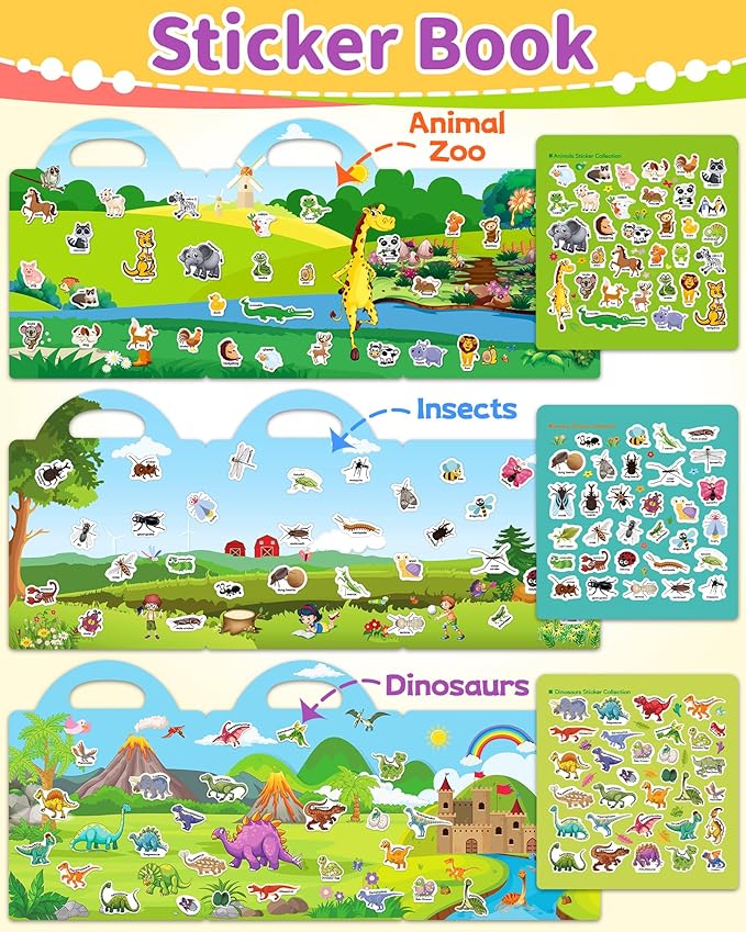 benresive reusable sticker books for kids, sticker books for toddlers, toddler travel toys activities crafts ages 3 and up birthday gifts - animals, dinosaurs and insect