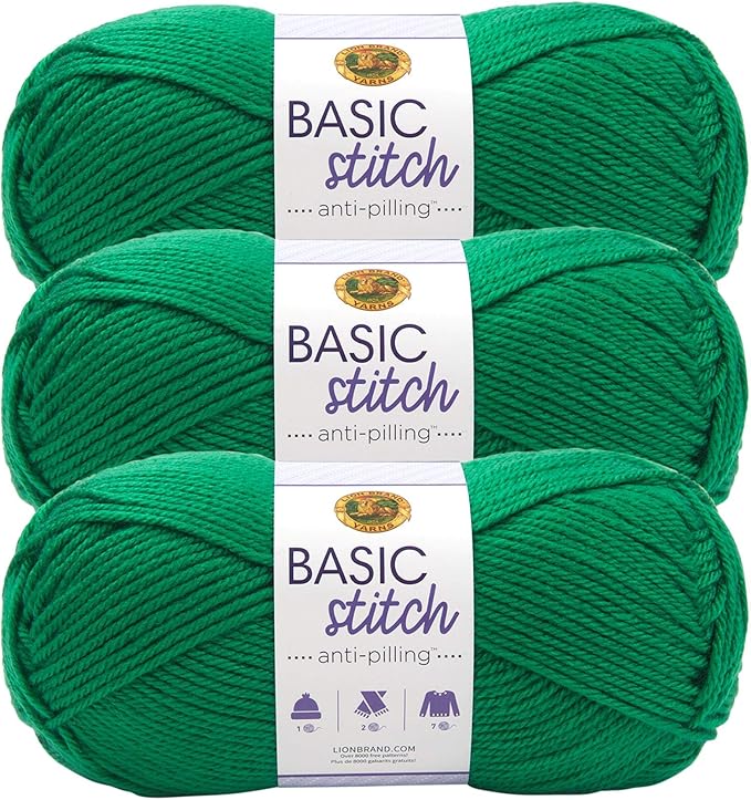 Lion Brand Yarn Basic Stitch Anti-Pilling Yarn for Crocheting, Knitting, and Crafts, Grass, 3 Pack