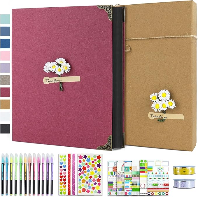 Vienrose DIY Scrapbook Photo Album Kit with Pens Tapes and Stickers 60 Pages Hardcover 8.5x11 Inches 3 Rings Removable Black Paper Scrapbooking for Lover Friends Kids Wedding Red