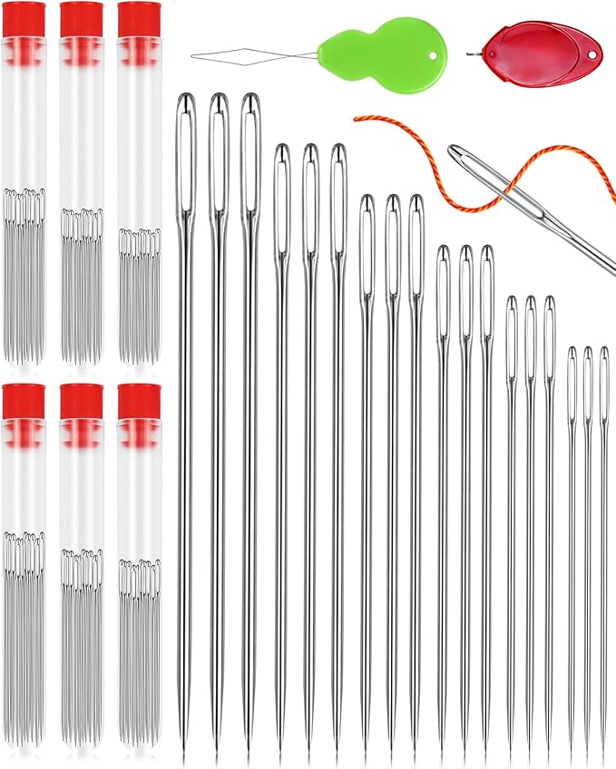 FIVEIZERO 60 PCS Steel Needles for Hand Sewing, Large Eye Sewing Needles Set with 6 Sizes, Stainless Steel Hand Quilting & Leather Embroidery Needles Includes Threaders for Arts & Crafts