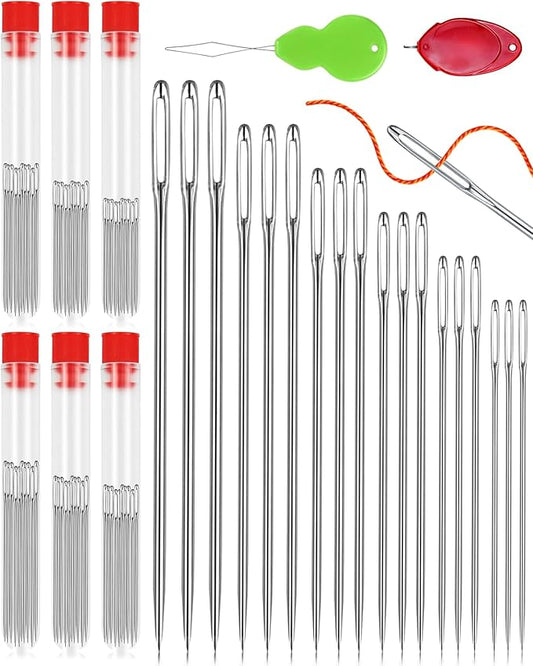 FIVEIZERO 60 PCS Steel Needles for Hand Sewing, Large Eye Sewing Needles Set with 6 Sizes, Stainless Steel Hand Quilting & Leather Embroidery Needles Includes Threaders for Arts & Crafts