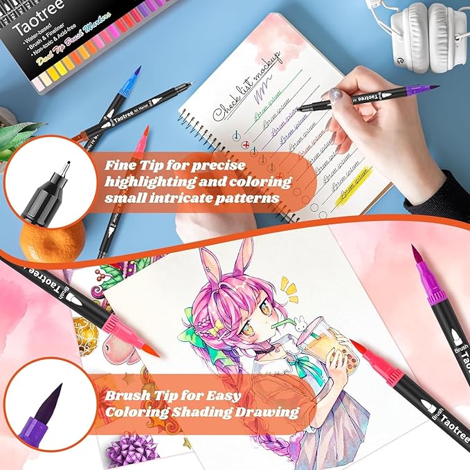 Taotree 150 Colors Dual Tip Art Markers Pens for Adult Coloring Book, Artist Fine & Brush Tip Coloring Markers Drawing Pen for Journaling Note Taking Lettering Calligraphy Craft Art Supplies Set
