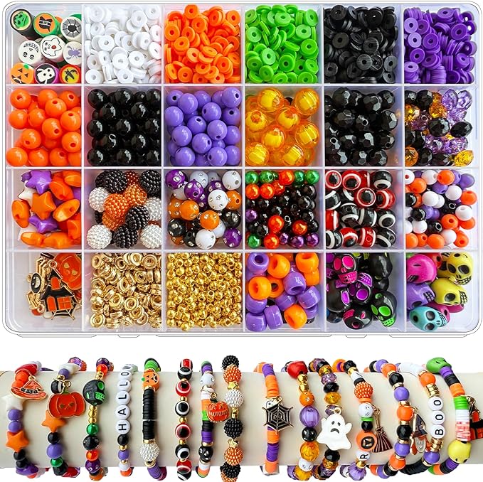 1970Pcs Halloween Bracelet Kit, Halloween Beads for Bracelets Jewelry Making Orange Black White Purple Polymer Clay Beads Pumpkin Evil Eye Skull Bead with Ghost Spider Charms for DIY Craft Earring