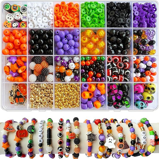1970Pcs Halloween Bracelet Kit, Halloween Beads for Bracelets Jewelry Making Orange Black White Purple Polymer Clay Beads Pumpkin Evil Eye Skull Bead with Ghost Spider Charms for DIY Craft Earring