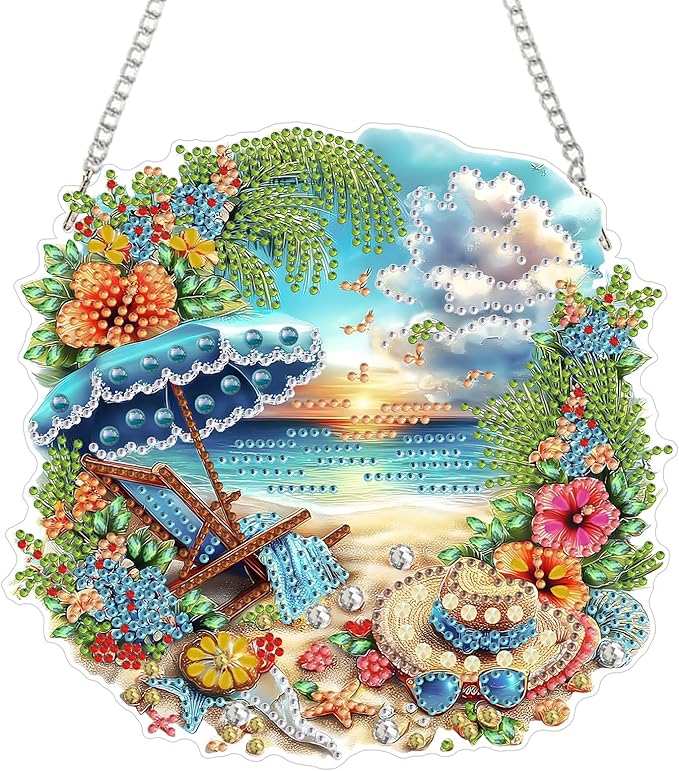 MAXBYE DIY Diamond Art Kits for Adults Hanging Pendant Summer Beach, Painting Diamond Gem Art Hanging Kits for Beginners Gift Window Wall Door Decoration