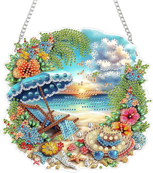MAXBYE DIY Diamond Art Kits for Adults Hanging Pendant Summer Beach, Painting Diamond Gem Art Hanging Kits for Beginners Gift Window Wall Door Decoration