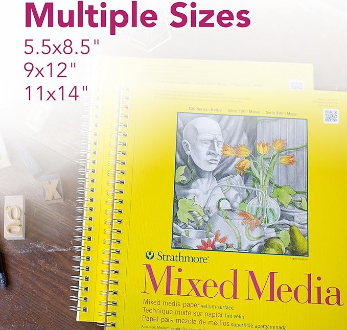 Strathmore 300 Series Mixed Media Paper Pad, Side Wire Bound, 9x12 inches, 40 Sheets (117lb/190g) - Artist Paper for Adults and Students - Watercolor, Gouache, Graphite, Ink, Pencil, Marker