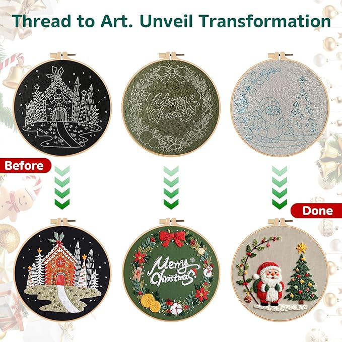 Meyocky Christmas Embroidery Kit, 3 Set Beginner Embroidery Kit for Adults Starter,Cross Stitch Kits Hand Needlepoint DIY Christmas Craft with Pattern Hoop Needles Threads Tools 7.8 Inch