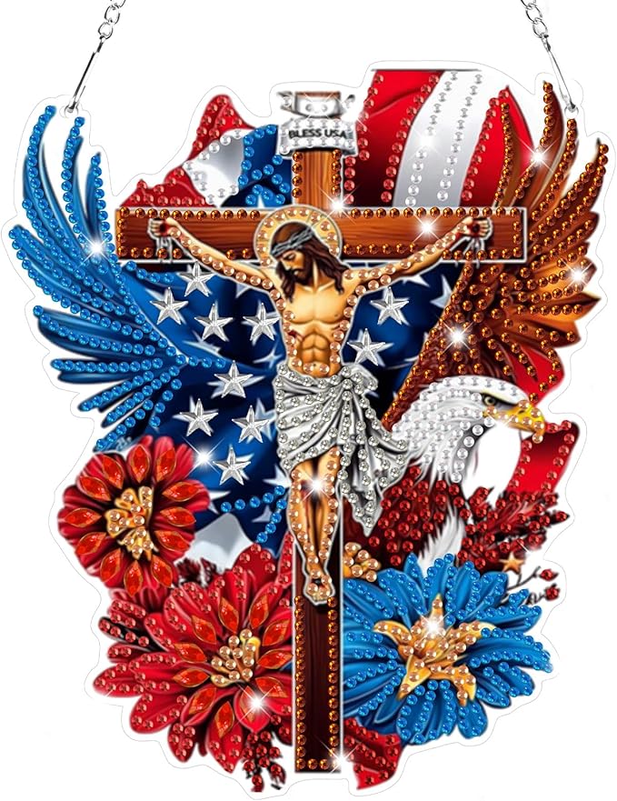 Bowetile Independence Day 5D Diamond Art Hanging Jesus Kits for Adults, 4th of July Diamond Painting USA Window Pendant Kits, Special Shape Gem Art Suncatcher Ornament for Home Wall Decor