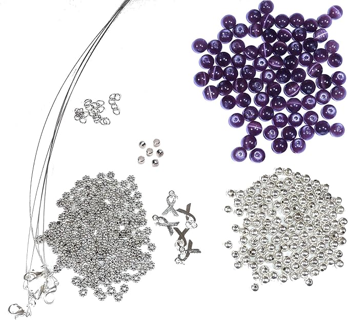 Hidden Hollow Beads DIY Craft Beading Kit, Everything to Make Cancer Awareness Bracelets, Uses Wire, Crimps and Clasps, Fundraising and Gifts (Pancreatic Cancer - Dark Purple - Makes 5)