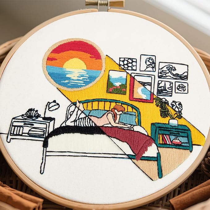 Embroidery Kits for Beginners Adults Sunrise Hand Embroidery Starter Kits, Cross Stitch Kits for Beginners DIY Craft Kits for Adults Women, Entire Set of Embroidery Supplies Full-length Video Tutorial