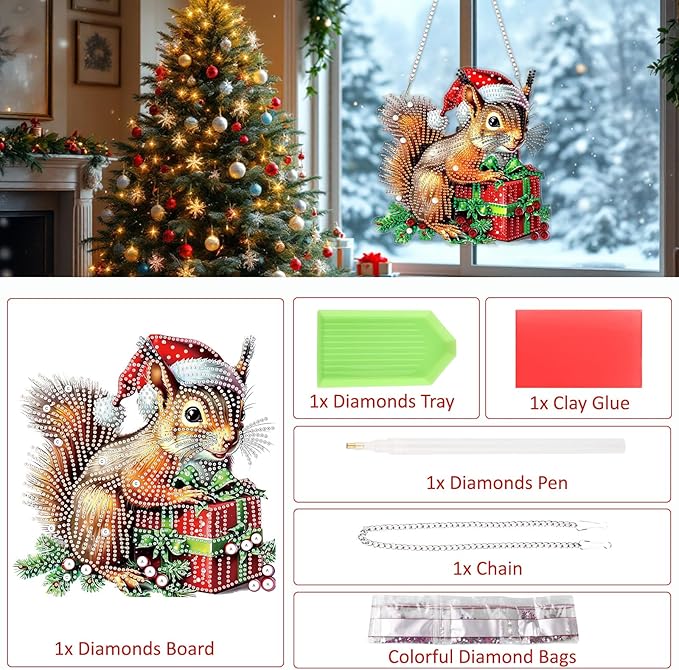 SENQAO Squirrel Diamond Art Hanging Kits for Adults Kids, Christmas Diamond Art Suncatchers, 5D Special Shape Diamond Painting Pendant Window Ornament Gifts for Home Garden Door Wall Decor