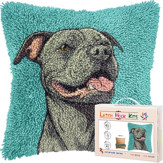 DIY Latch Hook Pillow Kits for Adults Cartoon Pitbull Dog Printed Pillowcase Crochet Yarns Hooking Handmade Pillow Cover Cushion for Home Sofa Decoration 17x17inch-9