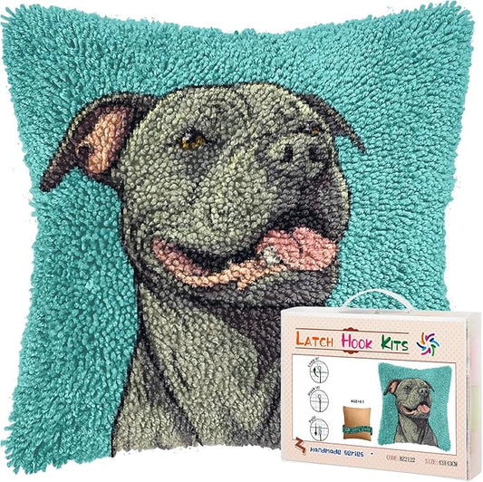 DIY Latch Hook Pillow Kits for Adults Cartoon Pitbull Dog Printed Pillowcase Crochet Yarns Hooking Handmade Pillow Cover Cushion for Home Sofa Decoration 17x17inch-9
