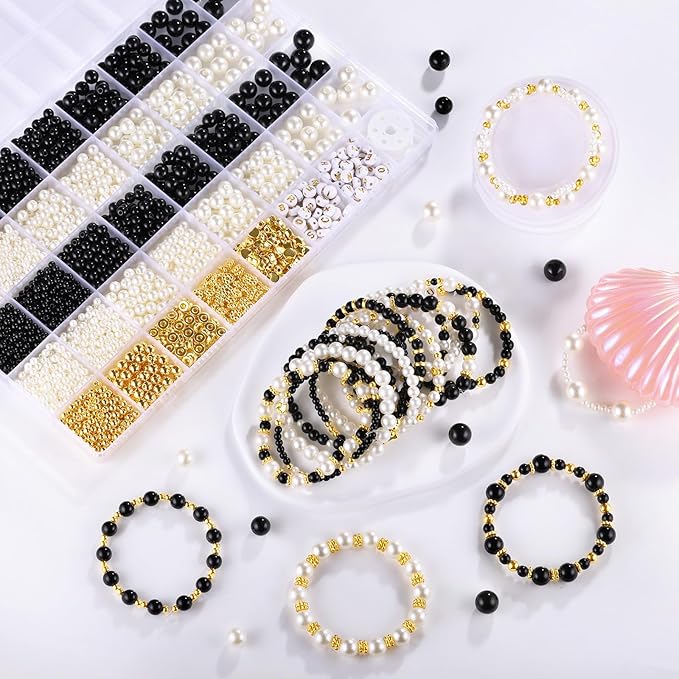 2230pcs Black and White Pearl Beads, 5 Sizes Round Pearls Beads for Jewelry Making Bracelets, Small Black Pearls with Gold Spacer Bead Letter Bead for Crafts Necklaces Earrings DIY