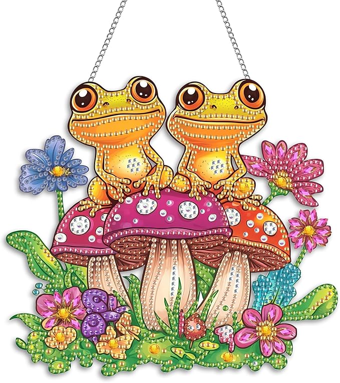 Kaliosy Sun Catcher Mushroom Frog Window Hanging Ornament - Outdoor Porch Decor, Animals Themed Diamond Art Ornament, Acrylic Board Diamond Painting for Wall Home Garden, Indoor Decor 8x8inch