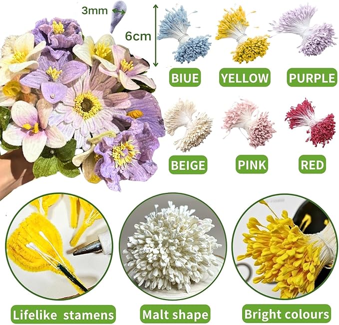 NafuXiaJJia 600 Pcs 6-Coloured Flower Stamens for Crafting,200 Pcs Pearls and 1 Roll Fluffy Yarn for Pipe Cleaners Crafting,Bouquet Accessories,Pipe Cleaner Flower Kit
