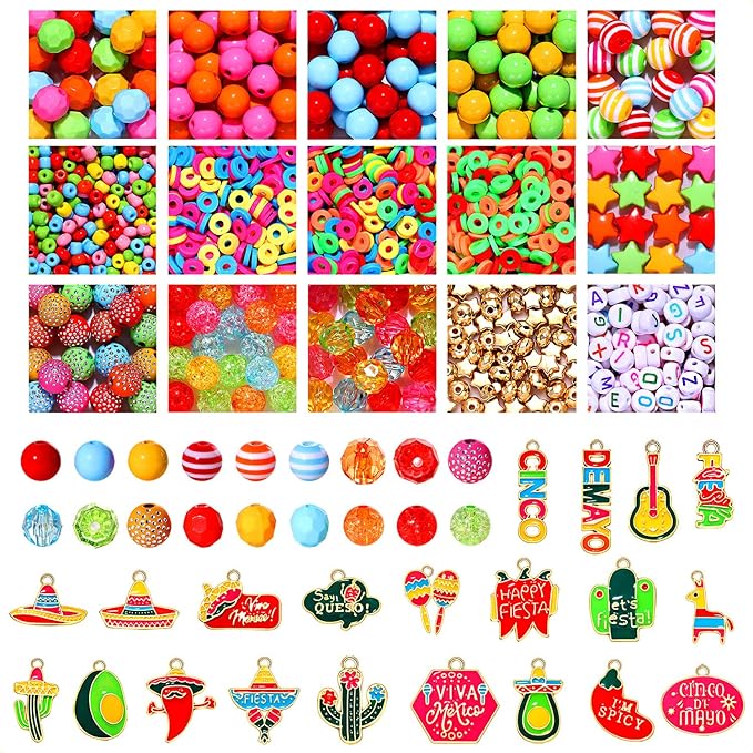 1500PCS+ Mexican Beads for Jewelry Making, Colorful Polymer Clay Beads Assorted Pearl Crystal Acrylic Spacer Beads, Cinco De Mayo Sombrero Chili Cactus Fiesta Charms for Bracelet Making DIY Crafts