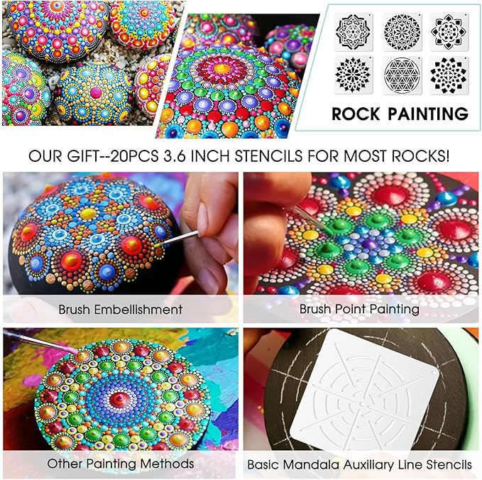 Augshy Mandala Dotting Tools Painting Kit, 58Pcs Dotting Tools for Painting DIY Rock Template Stencils Kit Brush Tray Pen Zipper Bag for Stone Canvas Mandala Arts