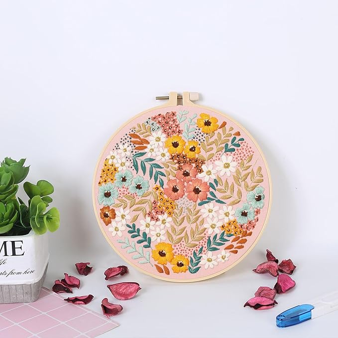 myfelicity embroidery kit, adult embroidery material set with cute flowers and plants patterns. 3 embroidery clothes and colors threads. 1 hoop. (flowers-a)