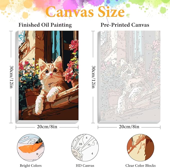 Okarina Framed Paint by Numbers Kit for Adults Beginner Cute Cat, Adult Paint by Number Kits on Canvas Framed Cat, DIY Acrylic Oil Painting by Numbers with Frame, Perfect for Home Decor 8 X 12 Inch