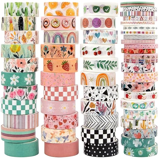 Mooker 55 Rolls Holiday Washi Tape Set - Decorative Tape Seasonal Bohemian Colored Tape, Cute Washi Tapes for Journaling Supplies, Scrapbooking Supplies kit, Summer Scrapbook Supplies