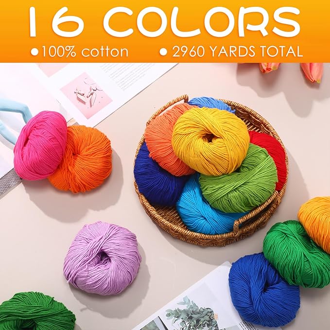 16 Skeins Cotton Yarn for Crocheting Knitting Soft Fine Clothes Cotton Blankets Yarn Bulk Assorted Colors for DIY Craft, Each 50g/185yard, 16 Colors(Classic Colors)