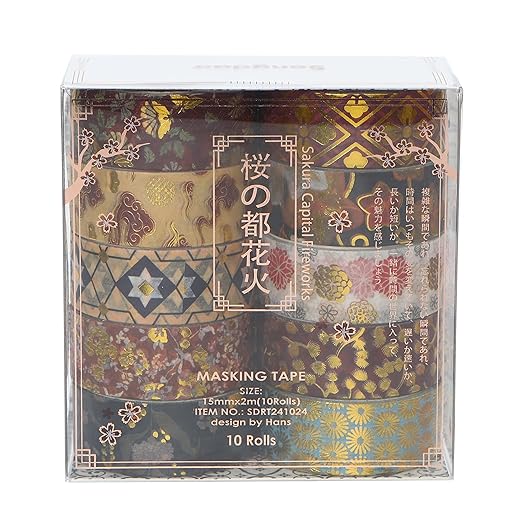 10 Rolls Sakura Washi Tape Set Japanese Arts Adhesive Tapes Gold Silver Foil Decorative Masking Tape Sets for Craft, Kids, Scrapbook, DIY, Gift Wrapping (Cherry Blooms)