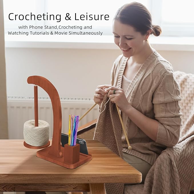 Upgraded Yarn Holder for Crocheting,Wooden Crochet Yarn Holder Magnetic Rotation Yarn Spinner with Crochet Accessories Storage and Phone Stand,Yarn Ball Holder Crochet Gift for Knitting Lovers