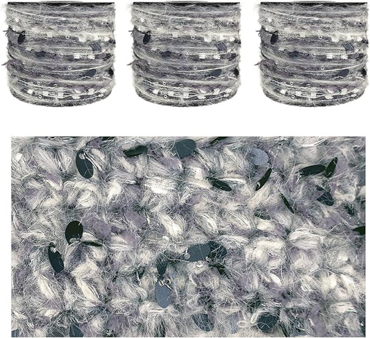 Artisanal Yarn Collection Multifiber Fancy Yarn with Sequins & Iridescent Shimmering Threads for Knitting Crocheting Crafts DIY, Set of 3 Rolls (Gray)