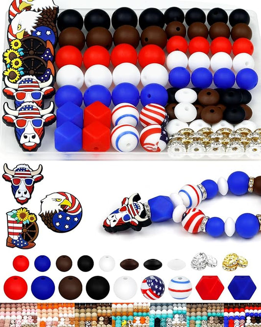 112PCS FIVEIZERO 12, 15mm Cow Focal Silicone Beads for Keychain Making, Patriotic 4th of July Independence Day, Round, Lentil, Hexagon, Print, 10mm Rhinestone Spacer Beads for Bracelets, Pens, Crafts