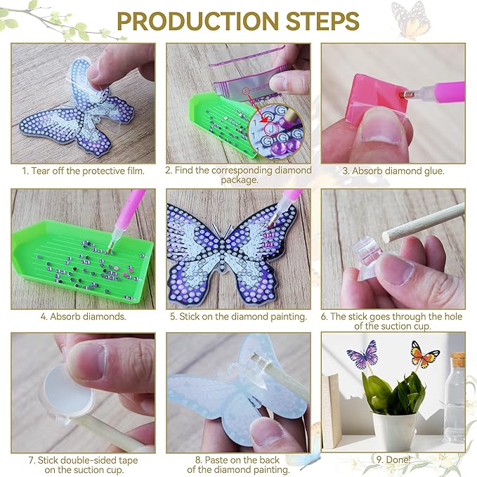 Vcekract 8 Pcs Butterfly Diamond Painting Kits, Diamond Art Kits for Garden Decor, Butterfly Stakes Diamond Art Kits for Adults, Crafts for Adults