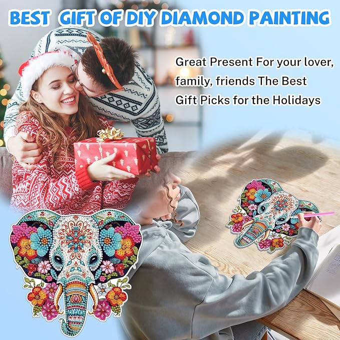 Bowetile Elephant Diamond Art Hanging Kits for Adults, 5D Special Shape Diamond Painting Flowers Pendant Kits, Animal Gem Art Suncatchers Painting Ornament for Home Garden Wall Decor