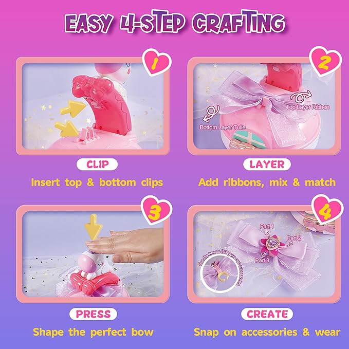 Kiditos Sparkling Ribbon Bow Creator Kit for Girls – DIY Headband & Jewelry Making Set, Arts and Crafts Toys for Kids Ages 5+, Make Your Own Hair Bows, Creative Gift for Girls
