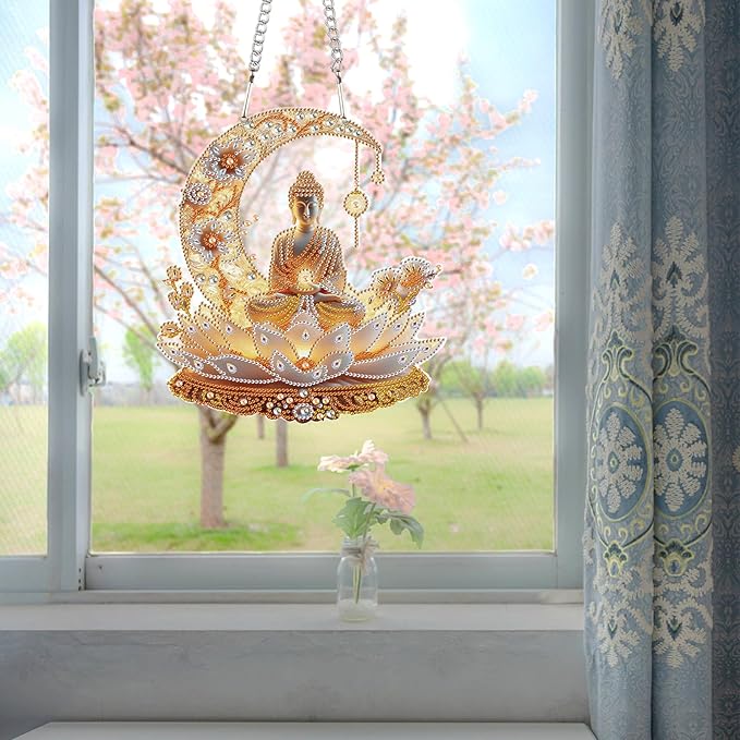 JZHYOAN DIY Hanging Diamond Craft Pendants Buddha Diamond Painting Art Hanging Kit Wind Chimes with Diamonds Art Window Pendants Craft for Adult Acrylic Pendant Ornaments Kits Crystal Arts Pendant