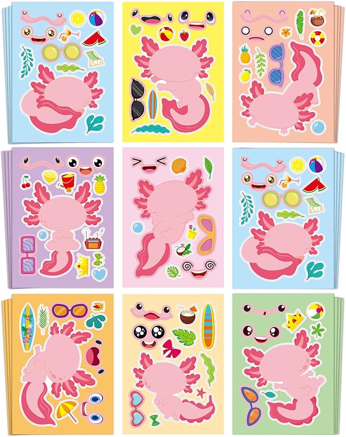 aowplc 32 sheets axolotl make-a-face stickers mix 'n match crafts for kids axolotl party favors & activities