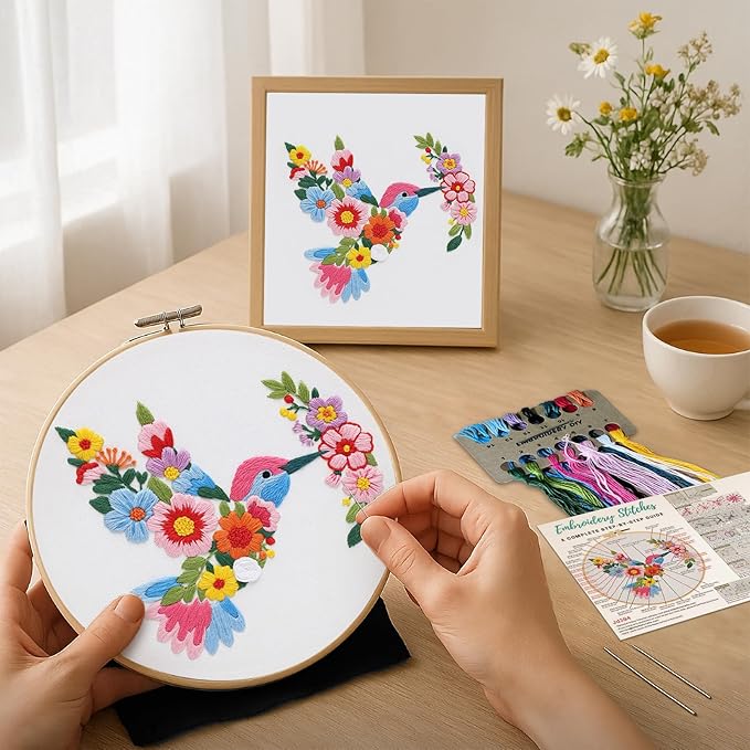 Nuberlic Bird Flower Embroidery Kit for Beginners -Adults Starter Cross Stitch Kit DIY Needlepoint with Hoop, Pre-Printed Fabric, Threads & Step-by-Step Guide