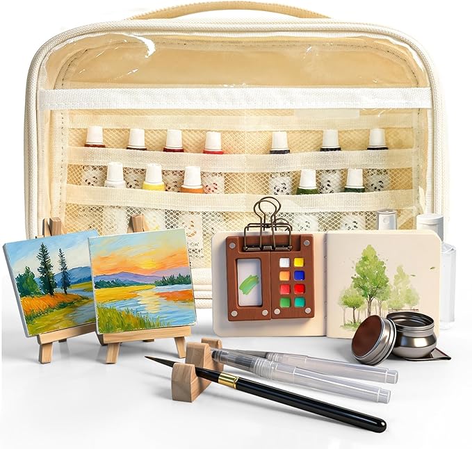 Mini Watercolor Travel Paint Set,22Pcs Artist Watercolor Palette Travel Set with Colors,Wooden Paint Box,Brush,Holder,Oil Cup,Plastic Bottles Storage Bag for Beginners Artists Student(8 Grids)