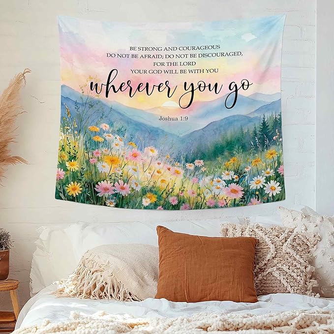 MNASAIOO Christian Wildflower Mountian Wall Tapestry Hanging for Bedroom, Bible Verse Scripture Joshua 1:9 Tapestries,Watercolor Spring Colorful Landscape Wall Decor for Living Prayer Room 50x60in