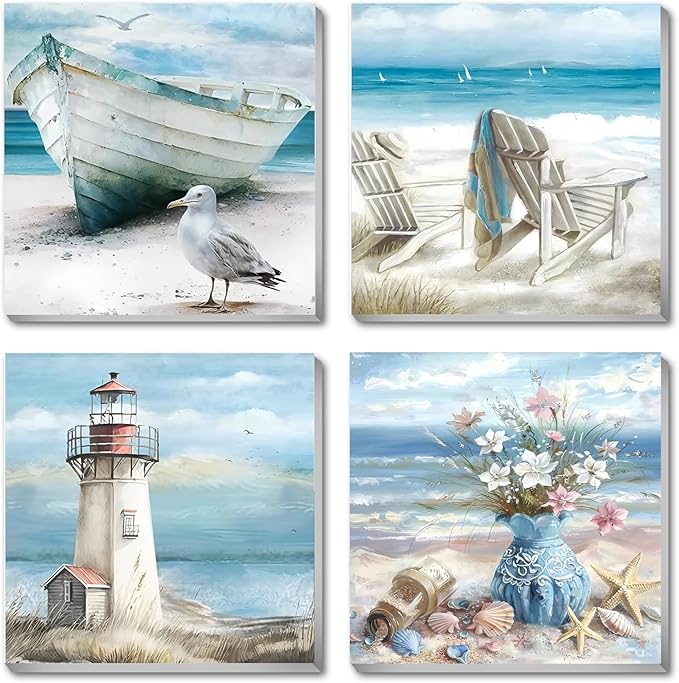 4 Packs Beach Paint by Numbers Kit for Adults Beginners with Frame, DIY Sea Side Adult's Paint by Number on Canvas, Watercolor Oil Painting Numbers Arts and Crafts Kits for Home Wall Decor 8 x 8 Inch