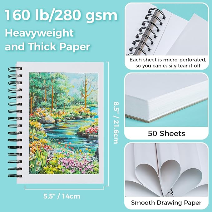 Ohuhu Double-Sided Bleedproof Marker Pad - 5.5"x8.5" Small Paper Size - 160 lb/280 gsm Heavyweight Smooth Drawing Paper - 50 Sheets/100 Pages - Spiral-Bound Sketchbook for Alcohol Markers