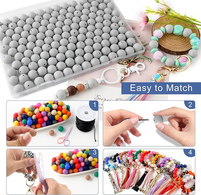 150Pcs 15mm Silicone Beads for Keychain Making Bracelet Necklace, Bulk Round Silicone Beads for Pens(Light Gray)