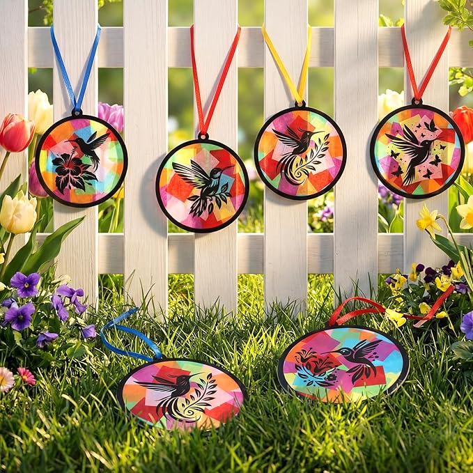 30 Pcs Spring Summer Hummingbird Suncatcher Craft Kits, Colorful DIY Stained Glass Effect Tissue Paper Art Set Bulk for Creative Group Activities Party Seasonal Decor