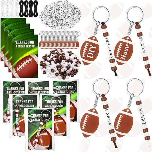 Suncalla 984 Pcs 24 Set Football Keychain Making Kit DIY Football Bag Tag Sport Key Chain Crafts Adjustable Letter Beads Cards Strings Kit Team Gift Accessories Party Favors for Adult(White Brown)
